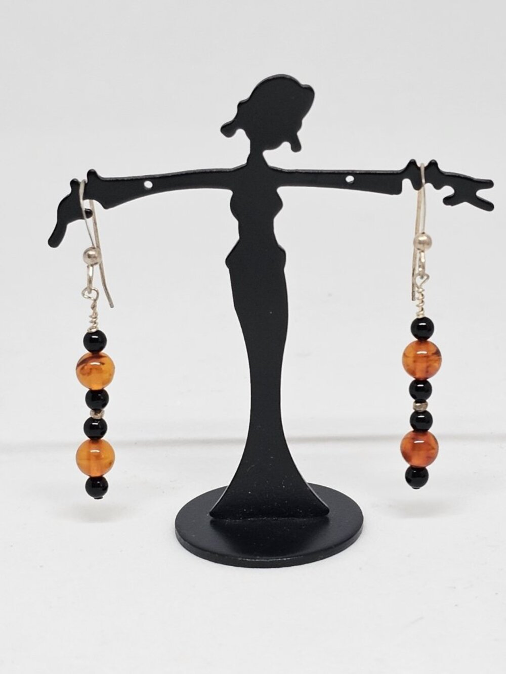 925 Sterling Silver Orange Black Glass Bead Drop Dangle Earrings Dainty Jewelry